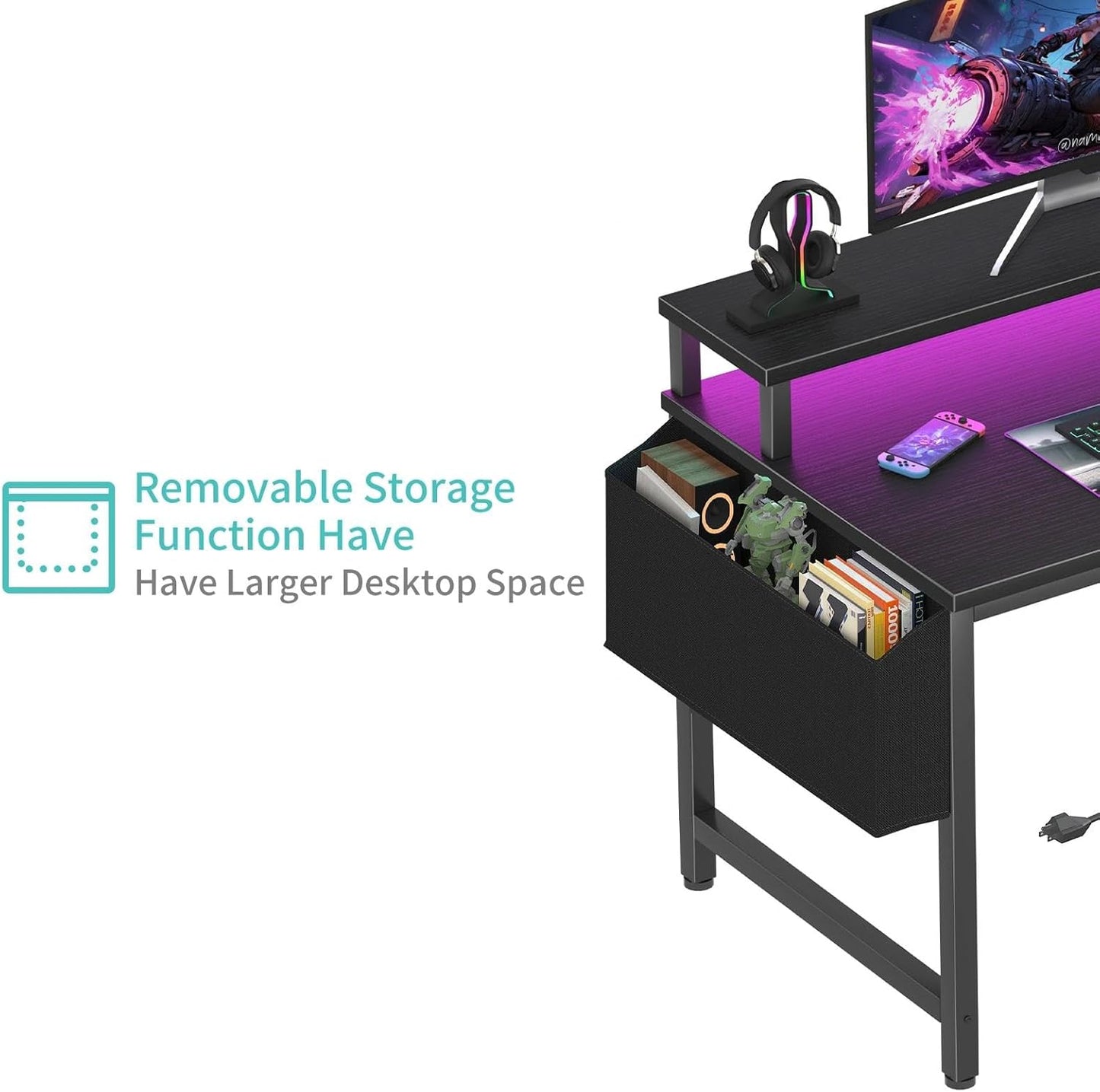 Small Desk with Power Outlets and LED Lights, 32 Inch Teen Writing Study Table Home Office Computer Desks with Monitor Stand, Gaming Desk with Charging Station, Black