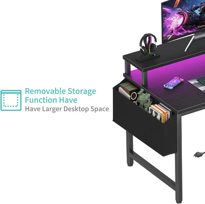 Small Desk with Power Outlets and LED Lights, 32 Inch Teen Writing Study Table Home Office Computer Desks with Monitor Stand, Gaming Desk with Charging Station, Black