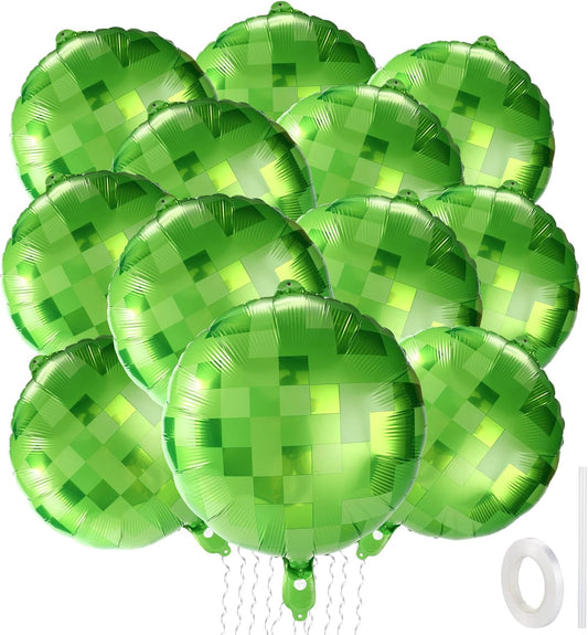 12Pcs Green Pixel Balloons, 18In Pixel Style Aluminum Film Foil Balloons with Ribbons & Straws for Theme Birthday Party Decorations