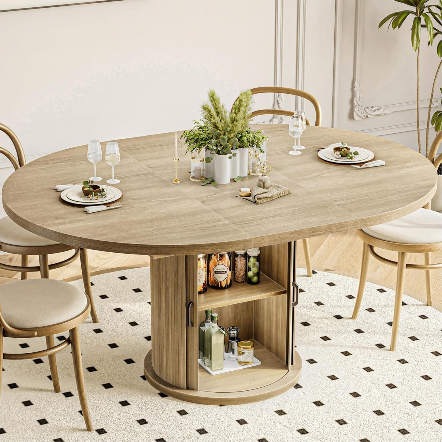 47-63In Extendable round Dining Table for 4-8 Modern round Kitchen Table Circle Dining Table with 2-Tier Storage Shelf, Space Saving Expandable Wood Oval for Living Room Walnut Oak