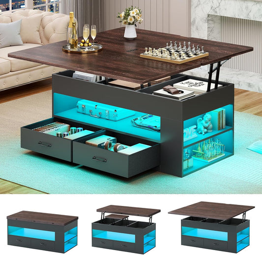 Lift Top Coffee Table, 4 in 1 Coffee Tables with Storage and Hidden Compartment, Farmhouse Coffee Table with 2 Fabric Drawers & LED Light for Living Room, Black