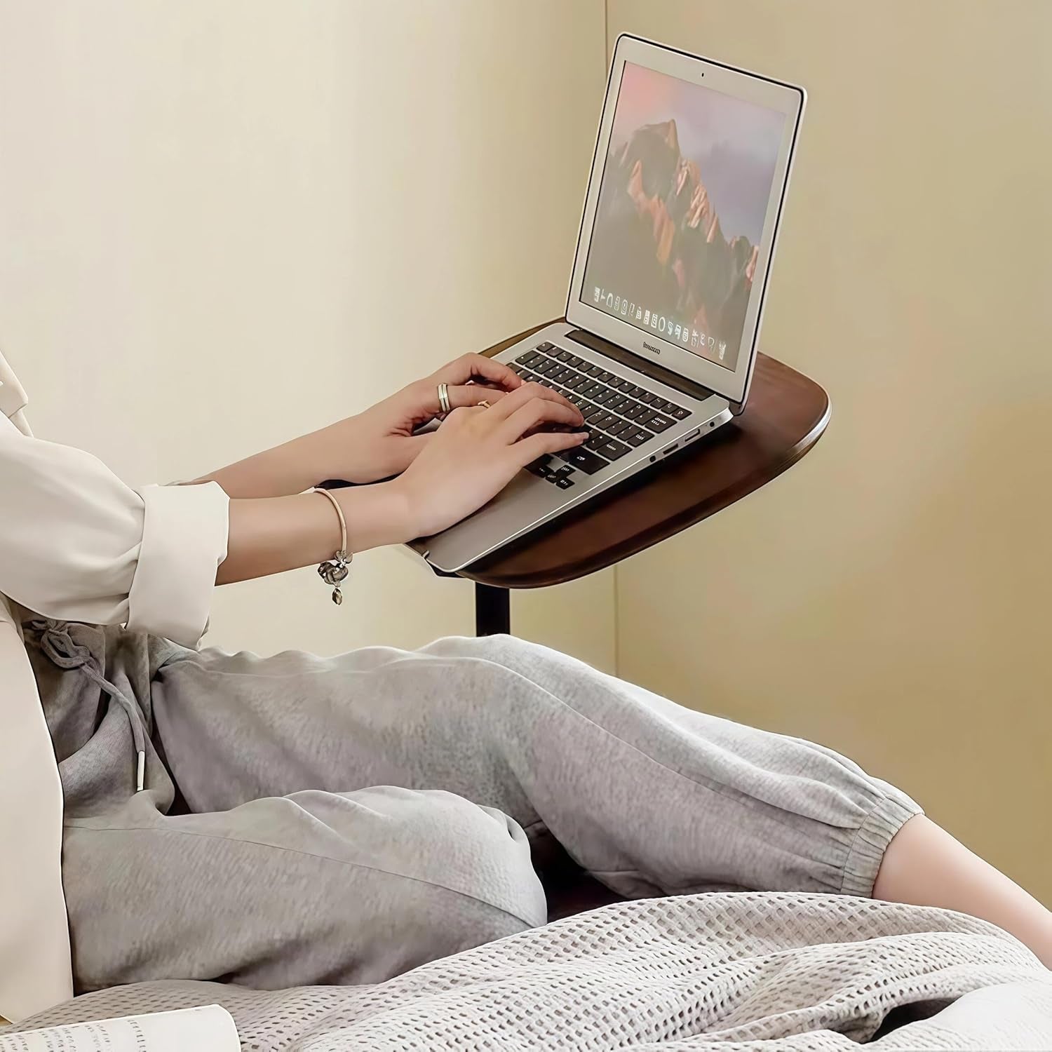 Modern Minimalist C Shaped Side Table, Wooden Sofa Table with Adjustable Height and Swivel Top, Laptop Desk for Living Room, Bedroom, Study and Small Spaces, Walnut Wood