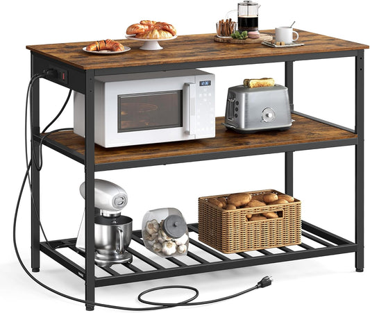 Kitchen Island with 3 Shelves, 47.2 Inches Width Kitchen Shelf with Power Strip, Large Worktop, Stable Steel Structure, Industrial, Easy to Assemble, Rustic Brown and Black UKKI101K01