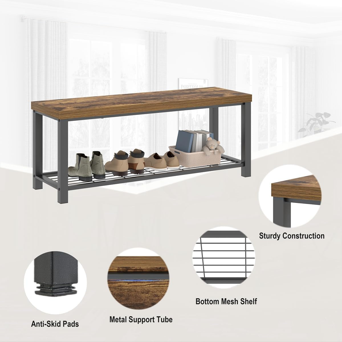 Entryway Bench, Modern Wood and Metal Storage Bench for Hallway Front Door Entrance, Industrial Indoor Shoe Rack Bench Seat for Living Room Bedroom, 43.3 Inch Rustic Brown