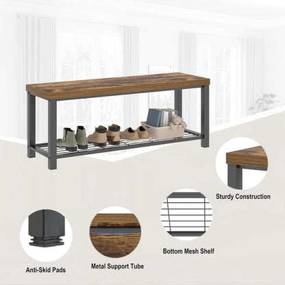 Entryway Bench, Modern Wood and Metal Storage Bench for Hallway Front Door Entrance, Industrial Indoor Shoe Rack Bench Seat for Living Room Bedroom, 43.3 Inch Rustic Brown