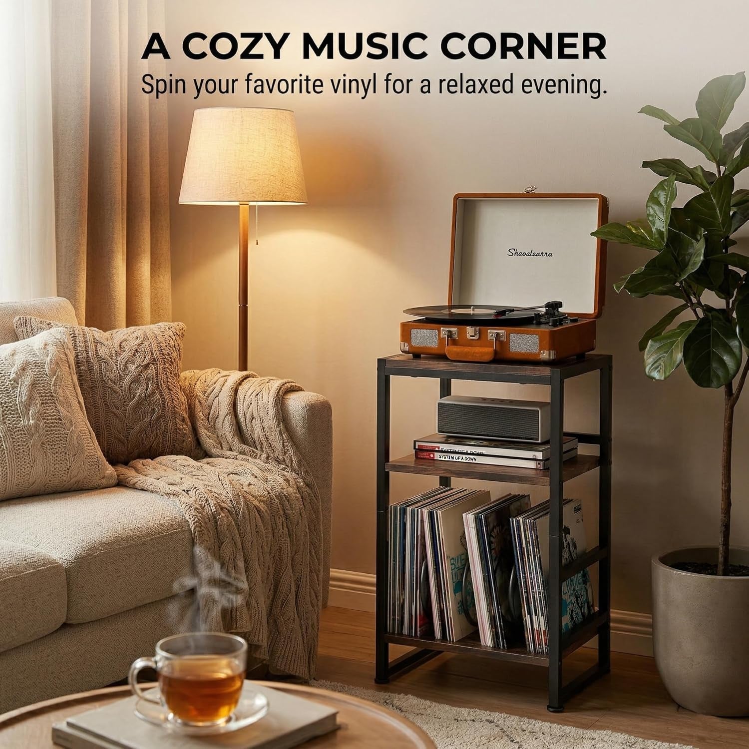 Record Player Stand,3-Tier Record Player Table with U-Shaped Vinyl Storage up to 120 Albums,28" H End Table Turntable Stand with Storage,Record Table Vinyl for Living Room Bedroom