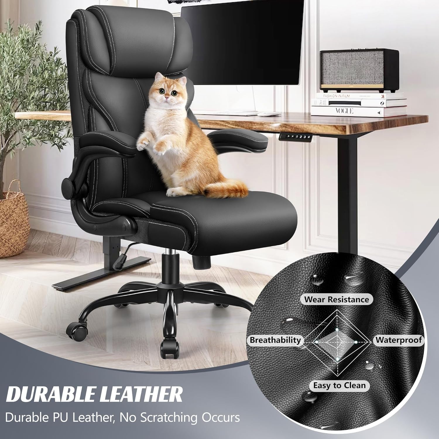 Office Chair, Ergonomic Big and Tall Computer Desk Chairs, Executive Breathable Leather Chair with Adjustable Flip-Up Armrests, Lumbar Support Swivel PC Chair with Rocking Function