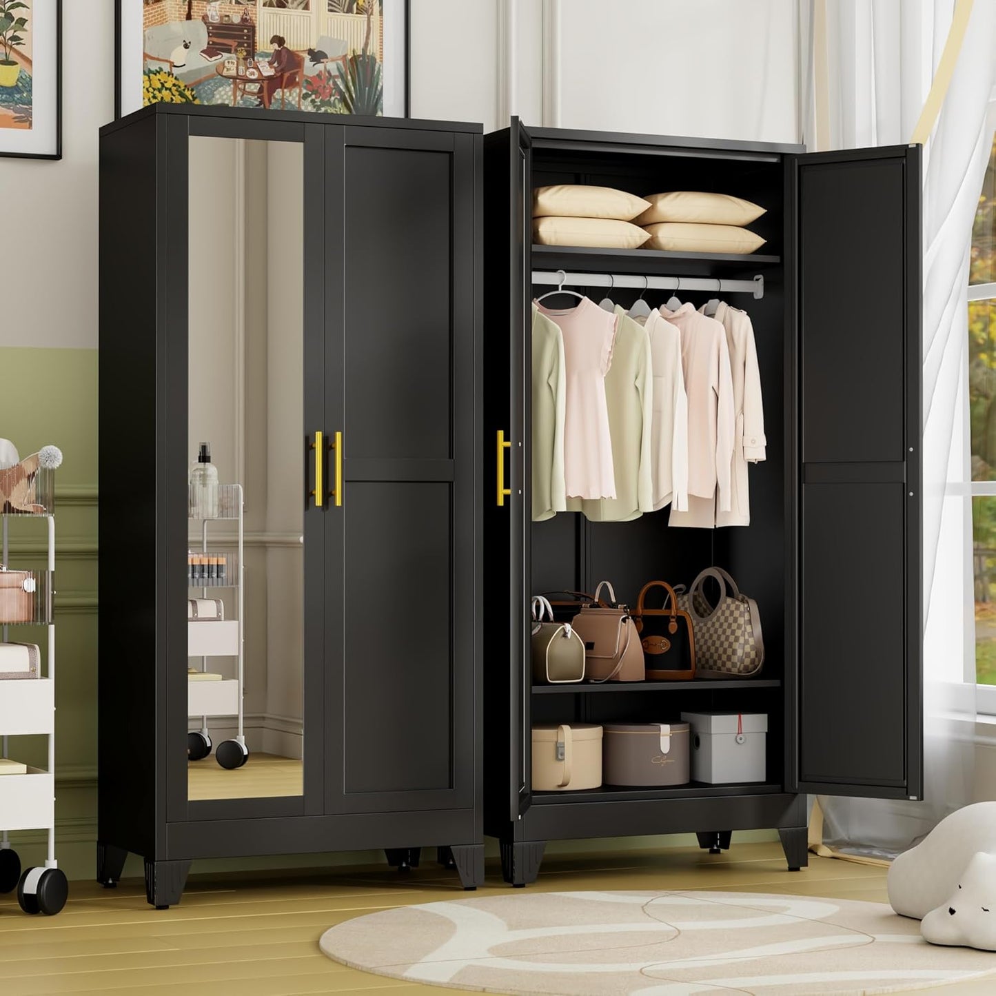 Metal Armoire Wardrobe Closet Storage Cabinet with Mirror Black, 71'' Wardrobe Cabinet with Hanging Rod Metal Closet with 2 Adjustable Shelves for Bedroom, Laundry Room, Cloak Room