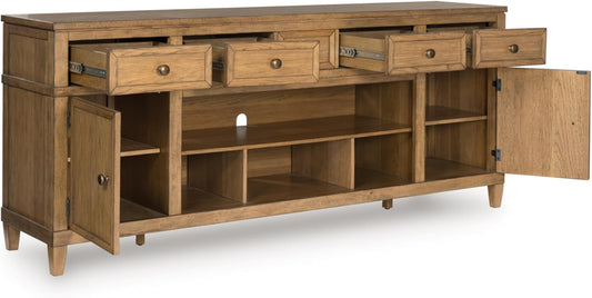 Sharlance Farmhouse 81" TV Stand for Tvs up to 93" with Adjustable Shelves and Wire Management, Light Brown