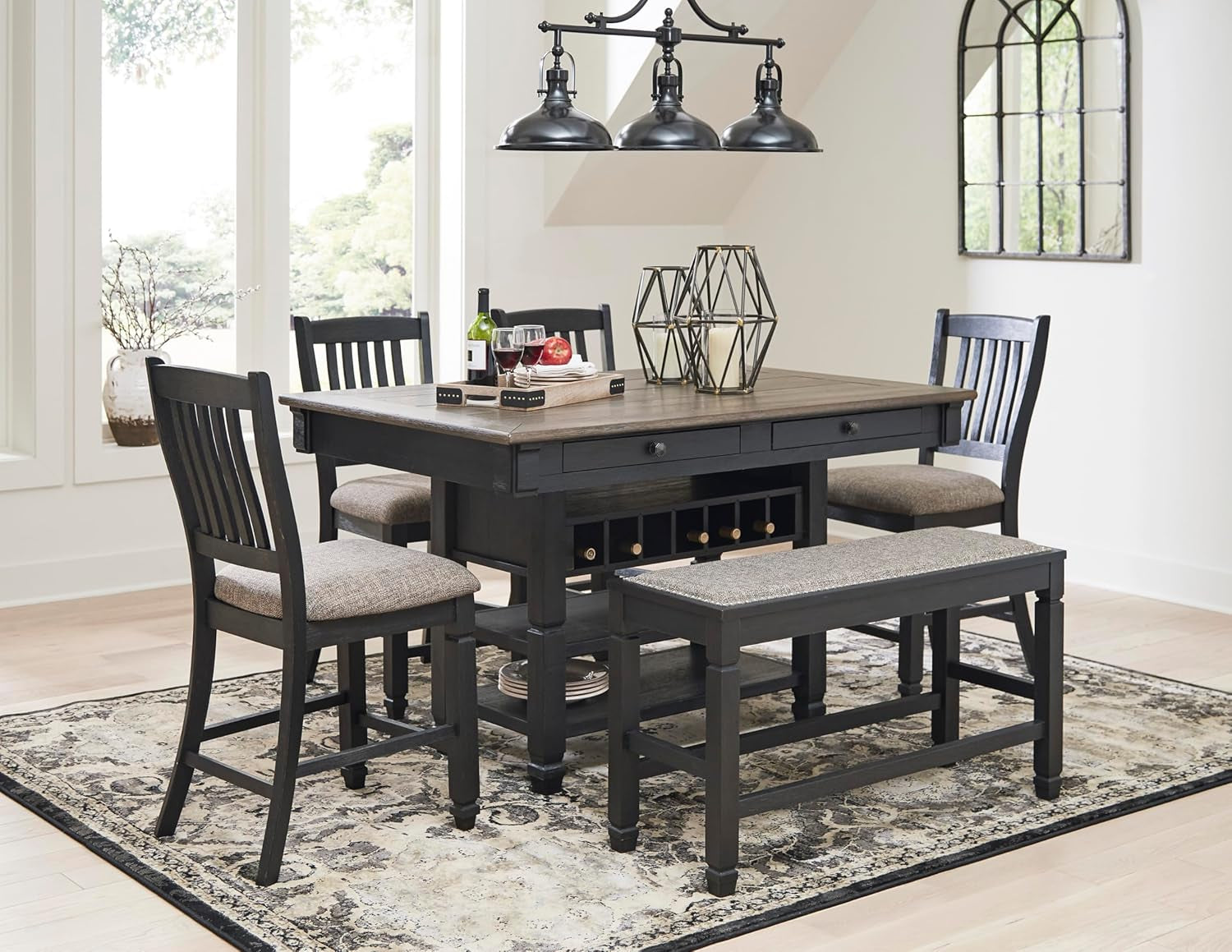 Tyler Creek Farmhouse 36"Counter Height Dining Table with Wine Rack, Amost Black
