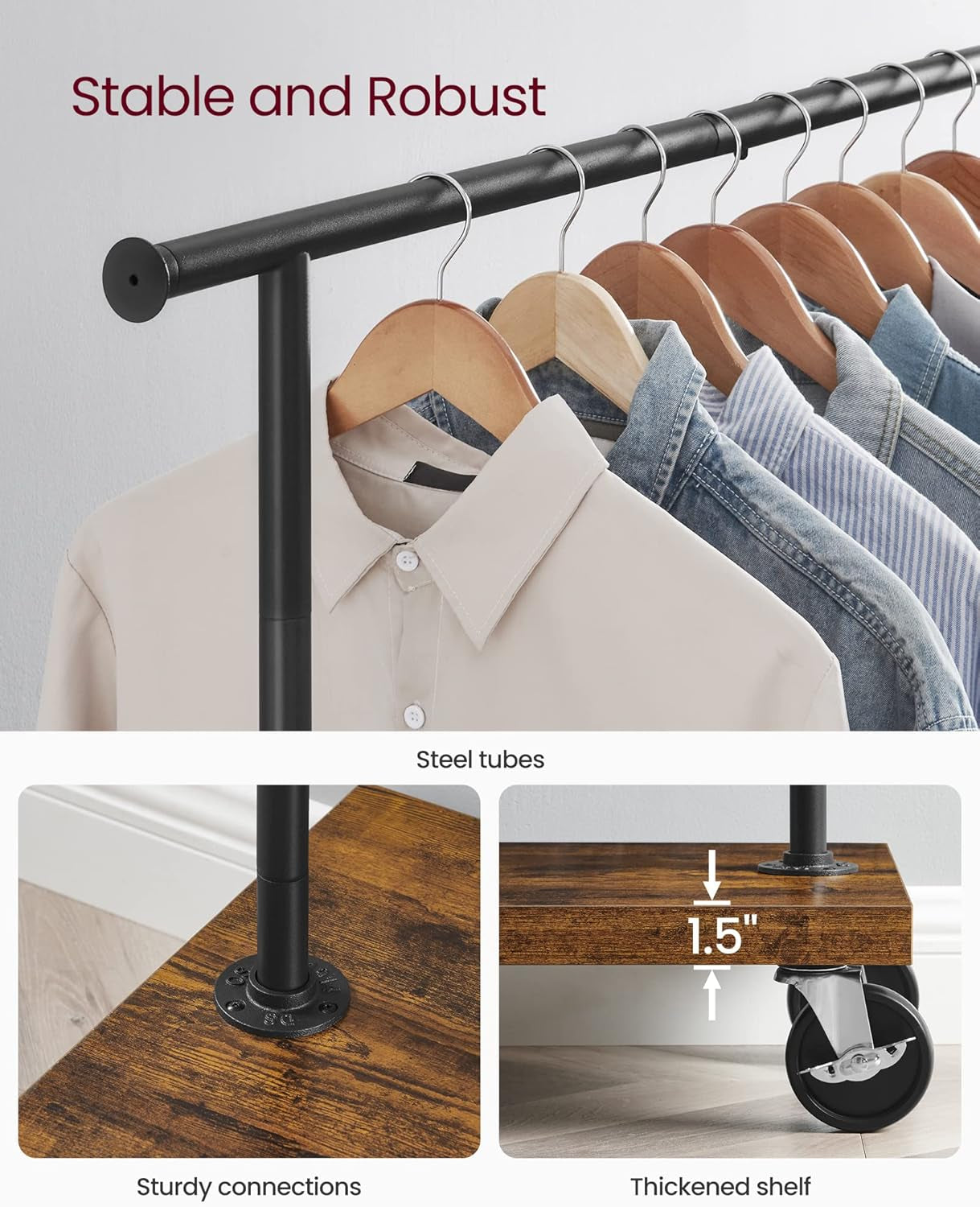 Clothes Rack, Clothing Rack with Wheels, 43.3-66.9 Inch Extendable Bar, Height-Adjustable Garment Rack, 332 Lb Load, 2 Brakes, Heavy-Duty, Industrial, Rustic Brown and Black URGR111B01V1
