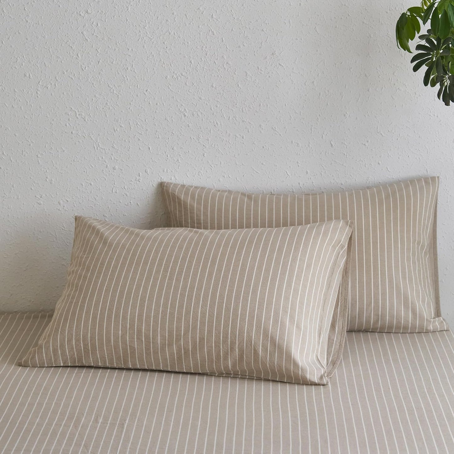 Bedding Pillowcases Striped Pack of 2 100% Washed Cotton Linen like Textured Breathable Durable Soft Comfy (Tannish Linen Grey White Wide Stripes, King)