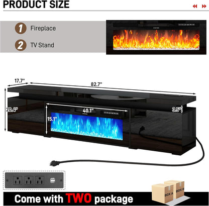 Fireplace TV Stand for 95" TV, 83" LED TV Stand with 40" Electric Fireplace & Power Outlet, High Gloss Surface, 2 Storage Cabinet, Modern Style (83 Inch, Black