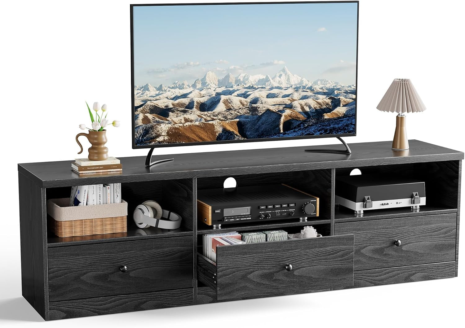 TV Stand with up to 80-Inch Tvs with 3 Large Storage Drawers and 3 Open Shelves, Black TV Stands for Living Room, Entertainment Center with Storage, Tvs Console Table, Suitable for Bedroom, Office