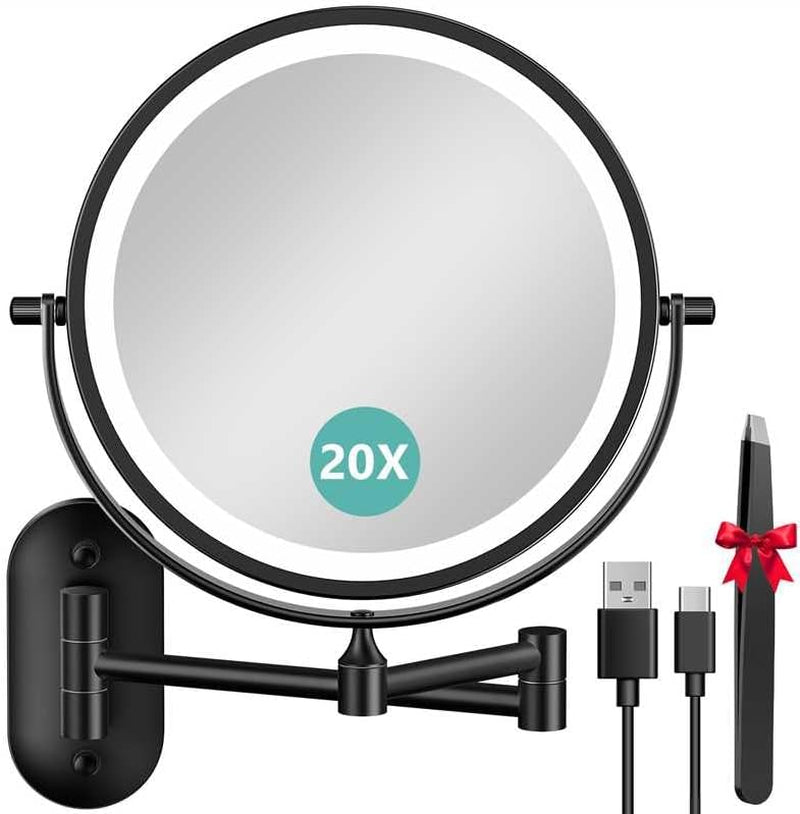 8'' Wall Mounted Lighted Makeup Mirror, 3200Mah Rechargeable Double-Sided 1X/20X Magnifying Mirror with Light, Touch Dimmable 3 Color Light, 360° Rotation Foldable Extended Arm, Black