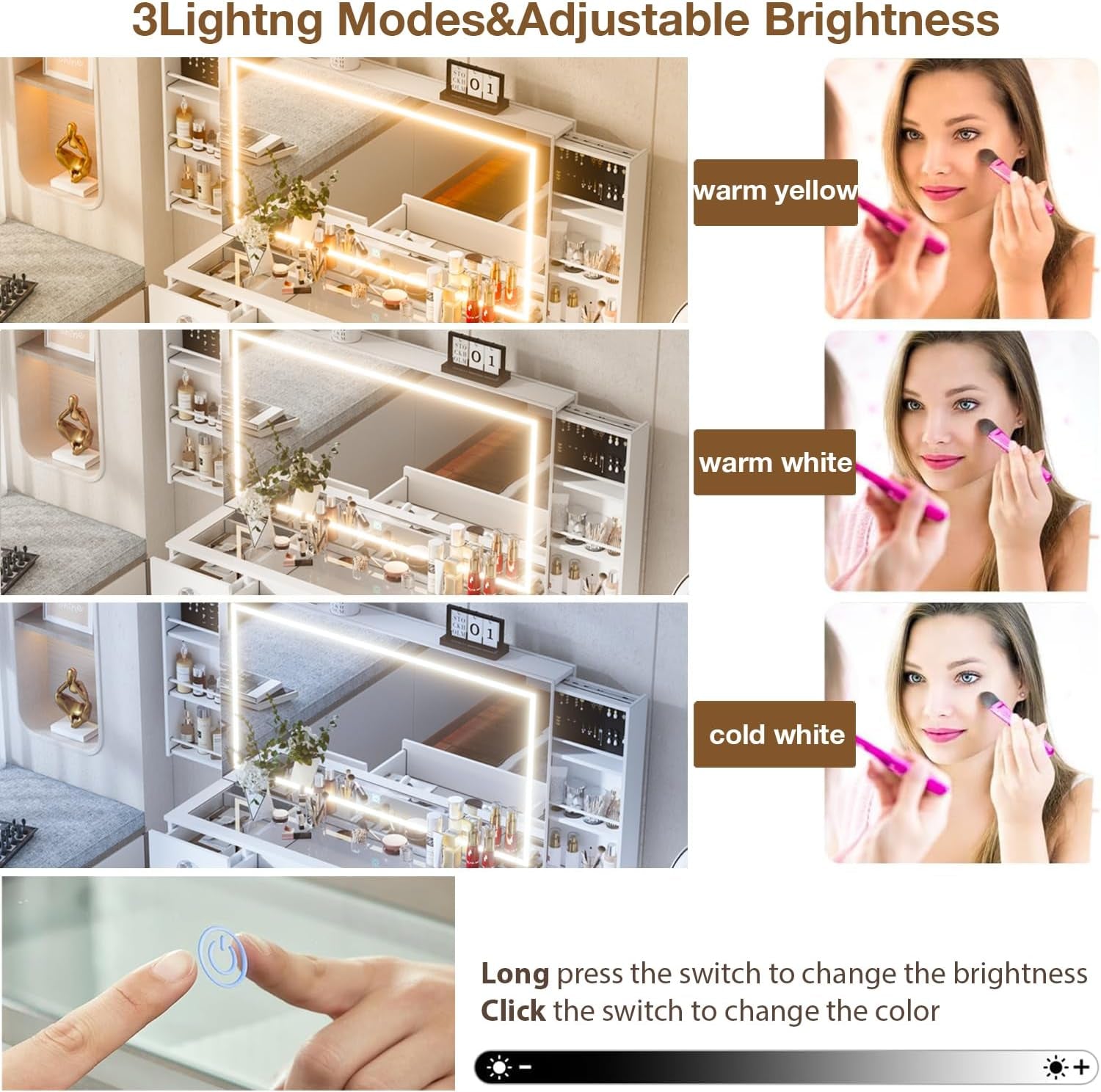 Makeup Vanity Desk with Large Mirror and Lights,White Vanity Table with Glass Top,9 Drawers,3 Color Modes,Sliding 2 Wall Mounted Jewelry Storage Racks,Suitable for Bedroom Ladies and Girls