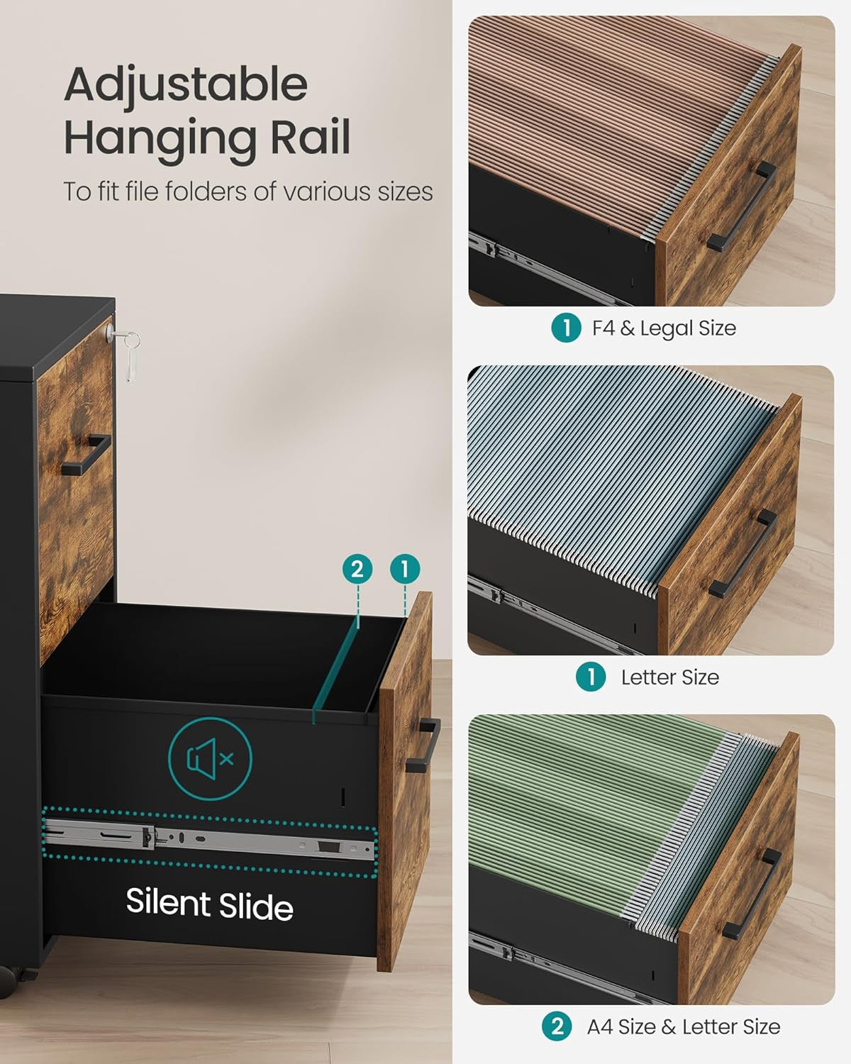 File Cabinet, Pre-Assembled except Wheels and Handles, Office Filing Cabinet with Lock, for A4, Legal, Letter Sized Documents, 17.7 X 14.4 X 25.4 Inches, Rustic Brown and Black UOFC112B02