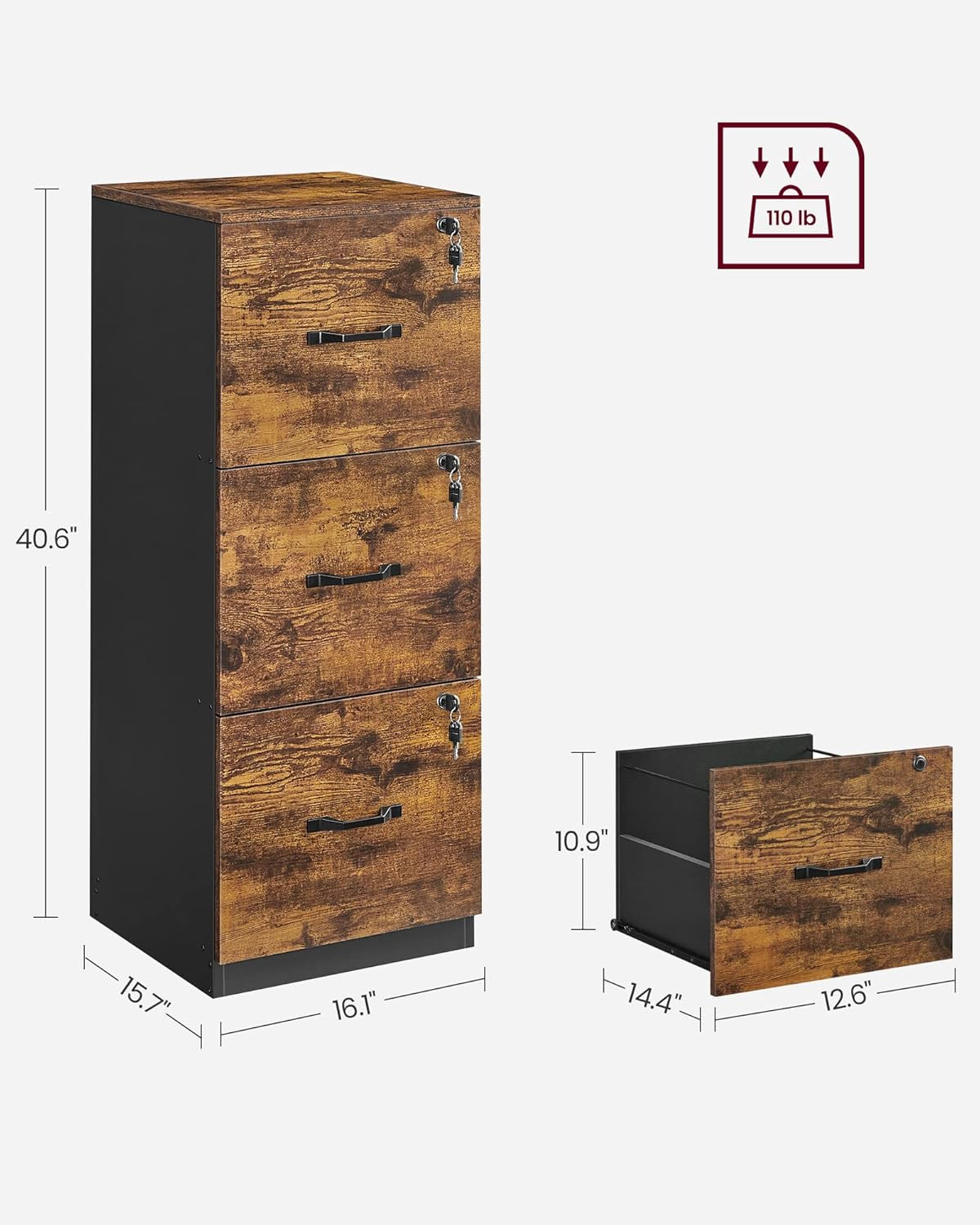 1 Drawer File Cabinet with Lock, Printer Stand, Office Filing Cabinet Organizer, for A4 and Letter Size Documents, Rustic Brown and Black UOFC044B01