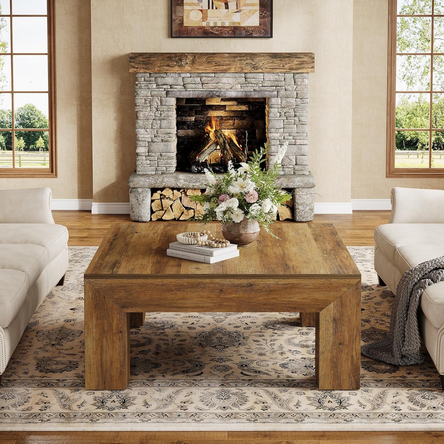 39.4-Inch Square Coffee Table for Living Room, Farmhouse All MDF Accent Center Cocktail Table with Sturdy Wooden Legs, Easy Assembly, Rustic Brown