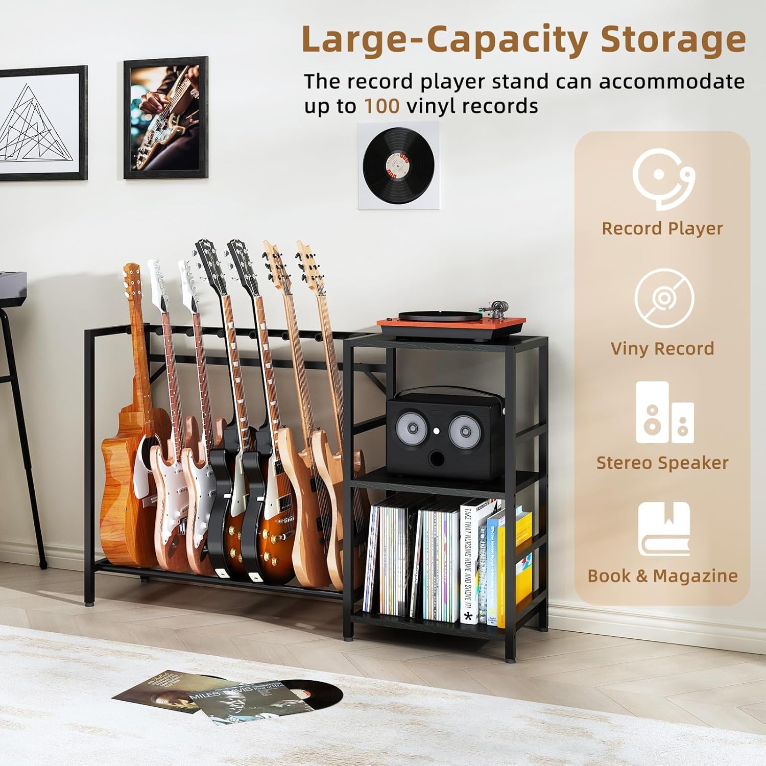 Record Player Stand with Guitar Stand, Record Player Table with Guitar Rack, Guitar Holder 7 Space for Multiple Guitars, Bass, Acoustic, Guitar Display for Home Music Studio, Black