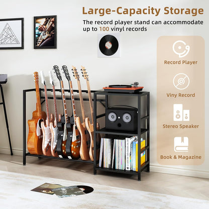 Record Player Stand with Guitar Stand, Record Player Table with Guitar Rack, Guitar Holder 7 Space for Multiple Guitars, Bass, Acoustic, Guitar Display for Home Music Studio, Black