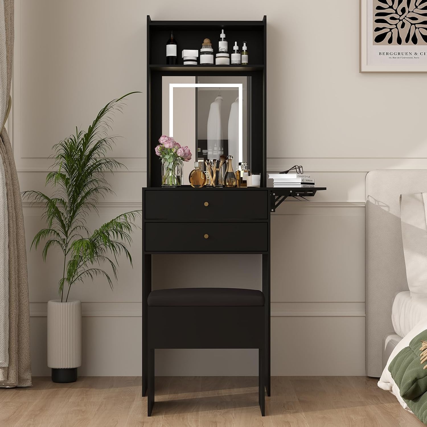 Small Vanity Desk Set with 3 Adjustable Lighted Mirror and Storage Chair Mini Black Makeup Vanities Set for Bedroom Compact Make up Dressing Table with Fold-Up Panel for Tiny Space