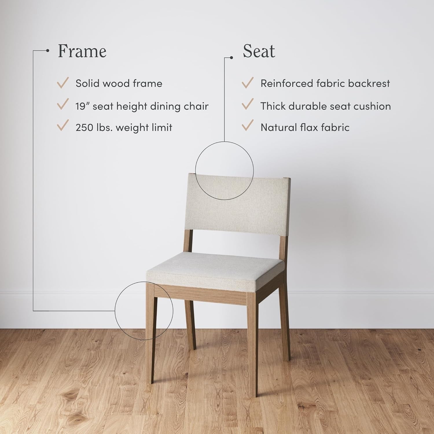 Linus Modern Upholstered Dining Chair with Solid Rubberwood Legs in a Wire-Brushed Light Brown Finish, Natural Flax/Brown