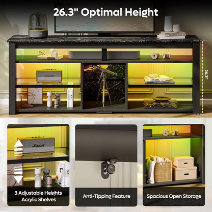 TV Stand for 70 Inch TV, Tall Entertainment Center with 2 Led Lights, Gaming TV Console with Storage for PS5, Modern TV Cabinet for Bedroom, Living Room, Black Marble