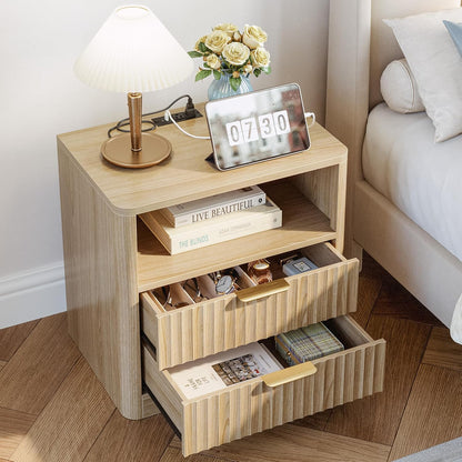 Fluted Night Stand Set of 2, Modern Nightstand with Charging Station, Drawers and Open Shelves - Bedside Table Wood Side Table Set for Bedroom, Oak