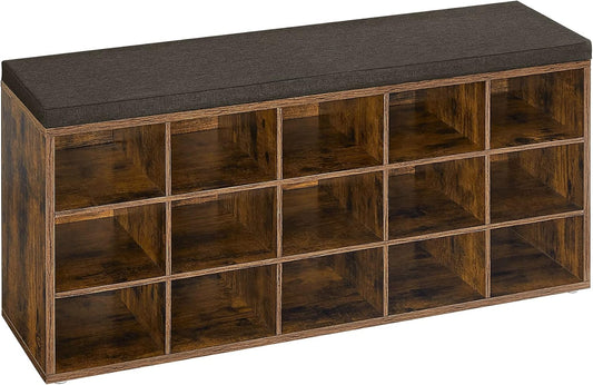 CUSTOS Collection - Shoe Bench, Storage Bench with Padded Seat, Entryway Bench with 15 Compartments, for Bedroom, 11.8 X 41.3 X 18.9 Inches, Rustic Brown and Chestnut Brown ULHS15BX