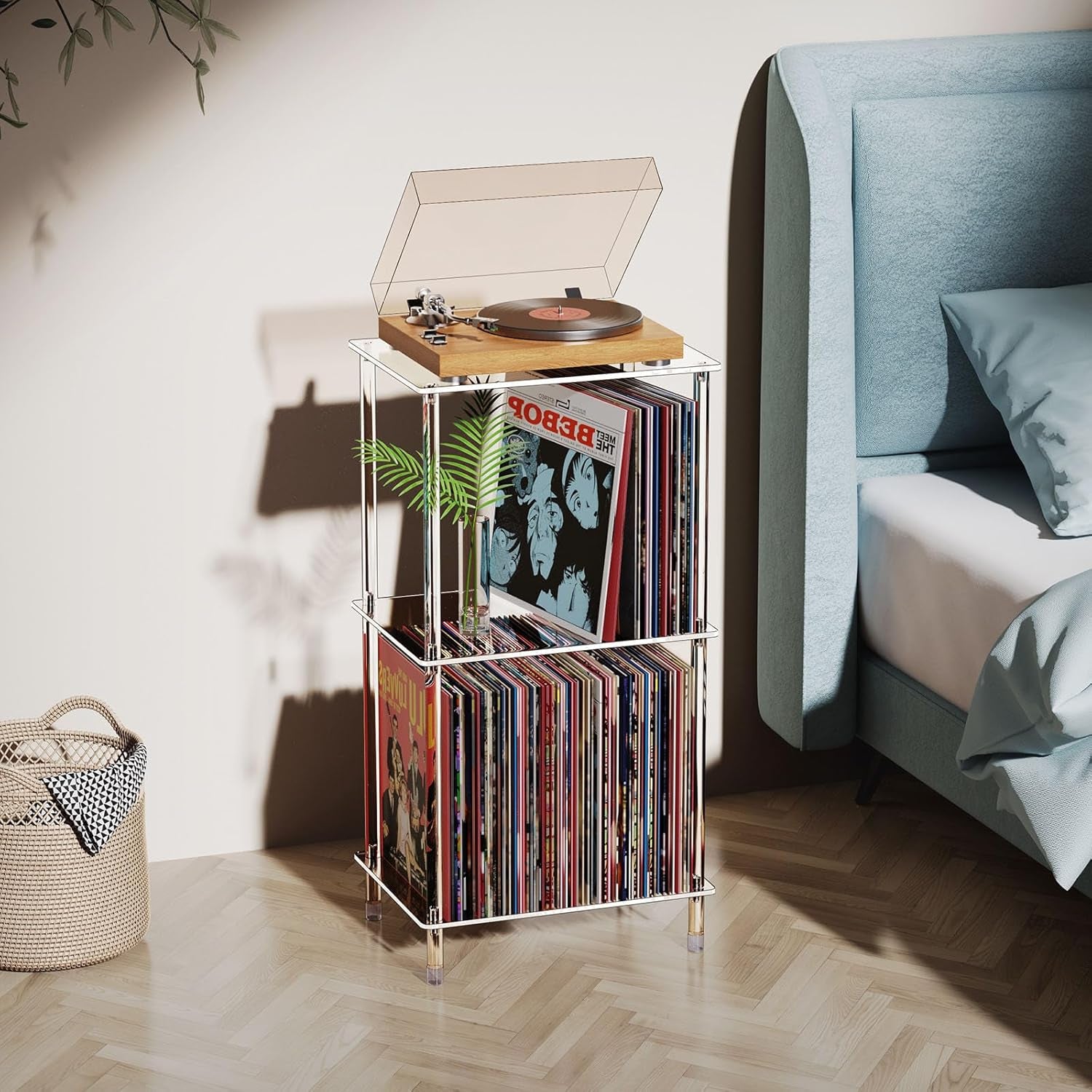 Acrylic Record Player Stand, 3-Tier Clear Turntable Table with Vinyl Record Storage, 15.74" L X 11.81" W X 30.7" H, Tall Modern Side Table/End Table for Living Room, Bedroom JJ00041