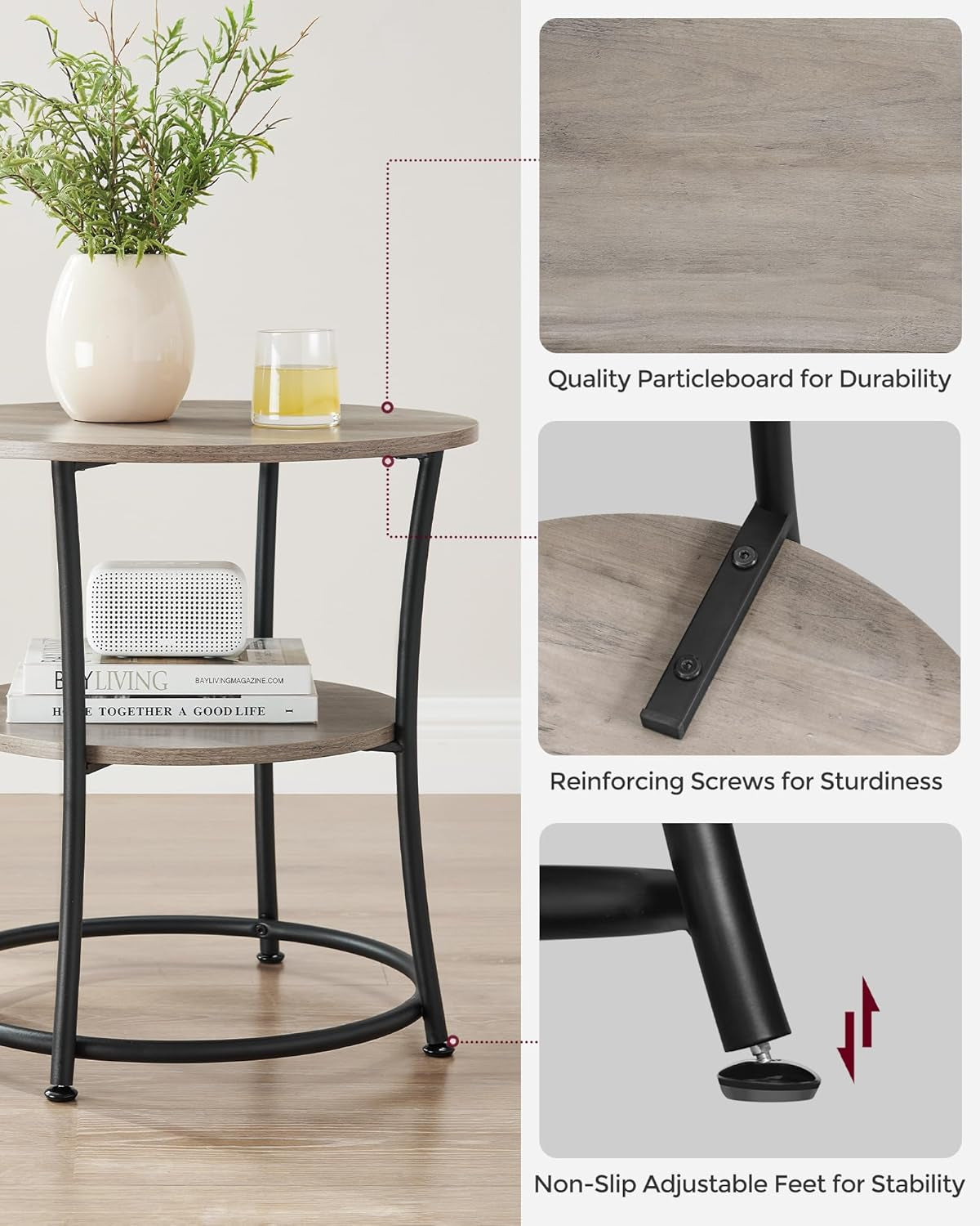 Side Table, 2-Tier round End Table with Power Outlets, Nightstand with Steel Frame for Small Spaces, Living Room, Bedroom, Honey Brown and Ink Black ULET077K02