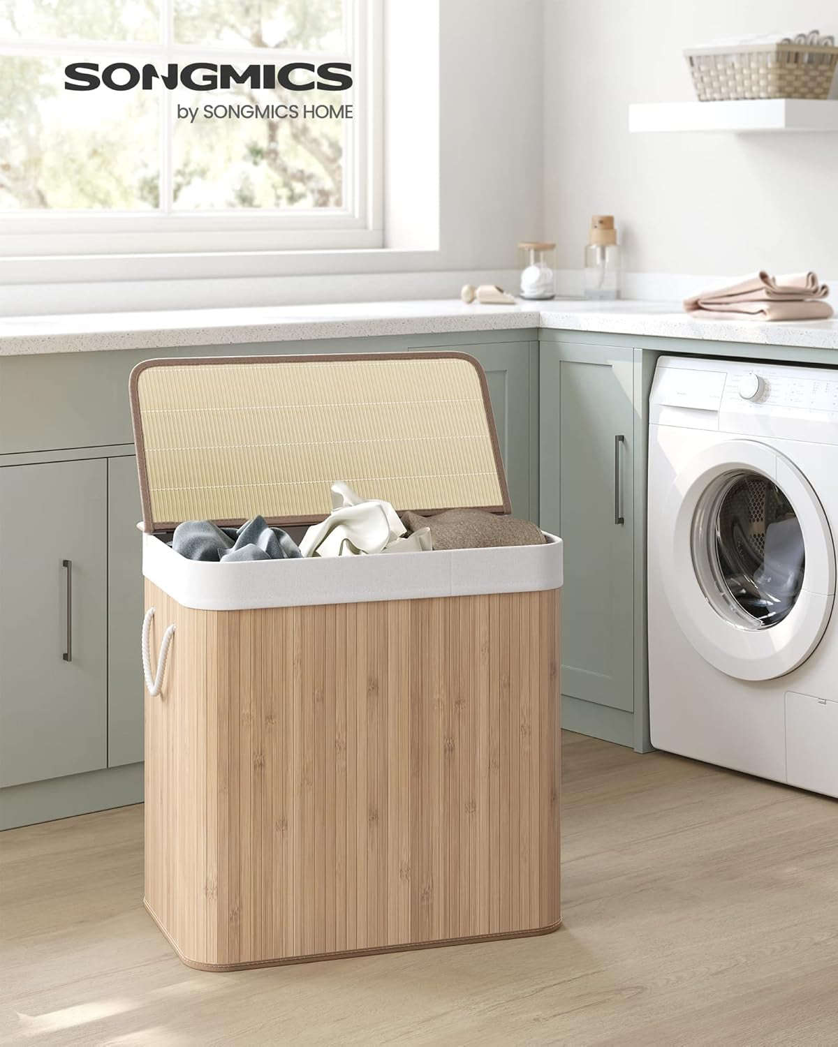 Laundry Hamper, 39.6 Gallons (150L), 3-Section Laundry Basket, Laundry Hamper with Lid, Bamboo, Foldable, Removable and Machine Washable Liner, for Laundry Room, Bedroom, Natural ULCB091N01