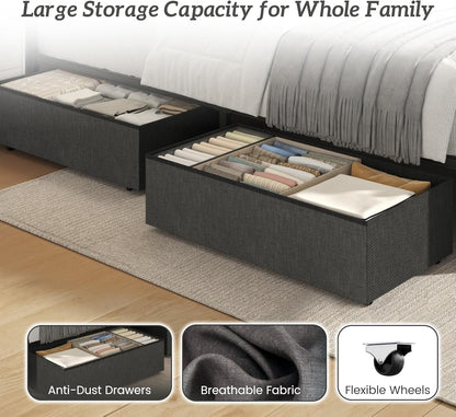Queen Bed Frame with 4 Drawers, Upholstered Headboard with Storage, Fast Charging Station, LED Lights, Bed Frame Queen Size with Fabric Drawers, No Box Spring Needed, Easy Assembly, Grey