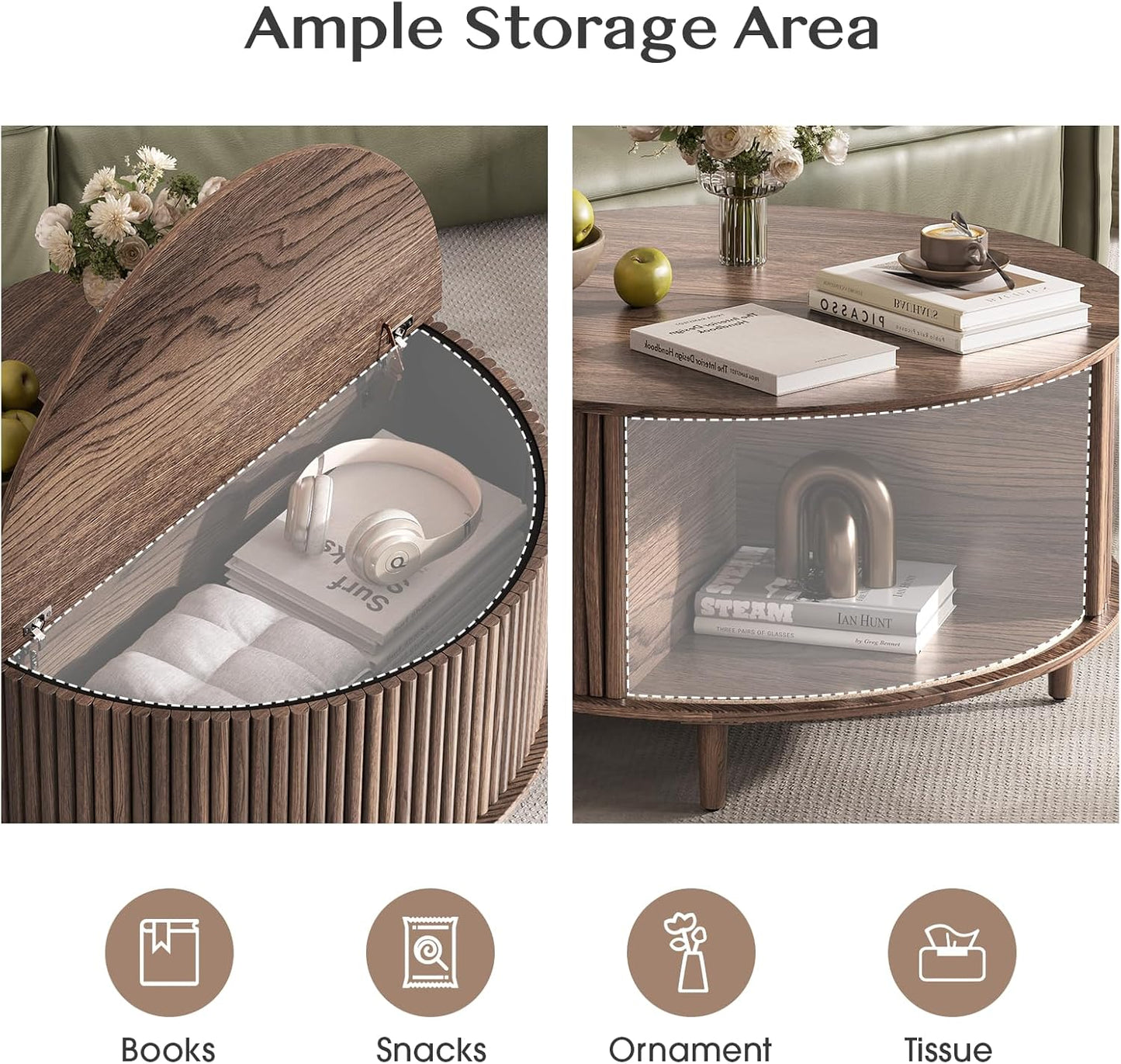 Round Coffee Table with Storage,Fluted Center Table with Sliding Cabinet Door for Living Room,Home Small Space,31.5" Small Center Table,Walnut