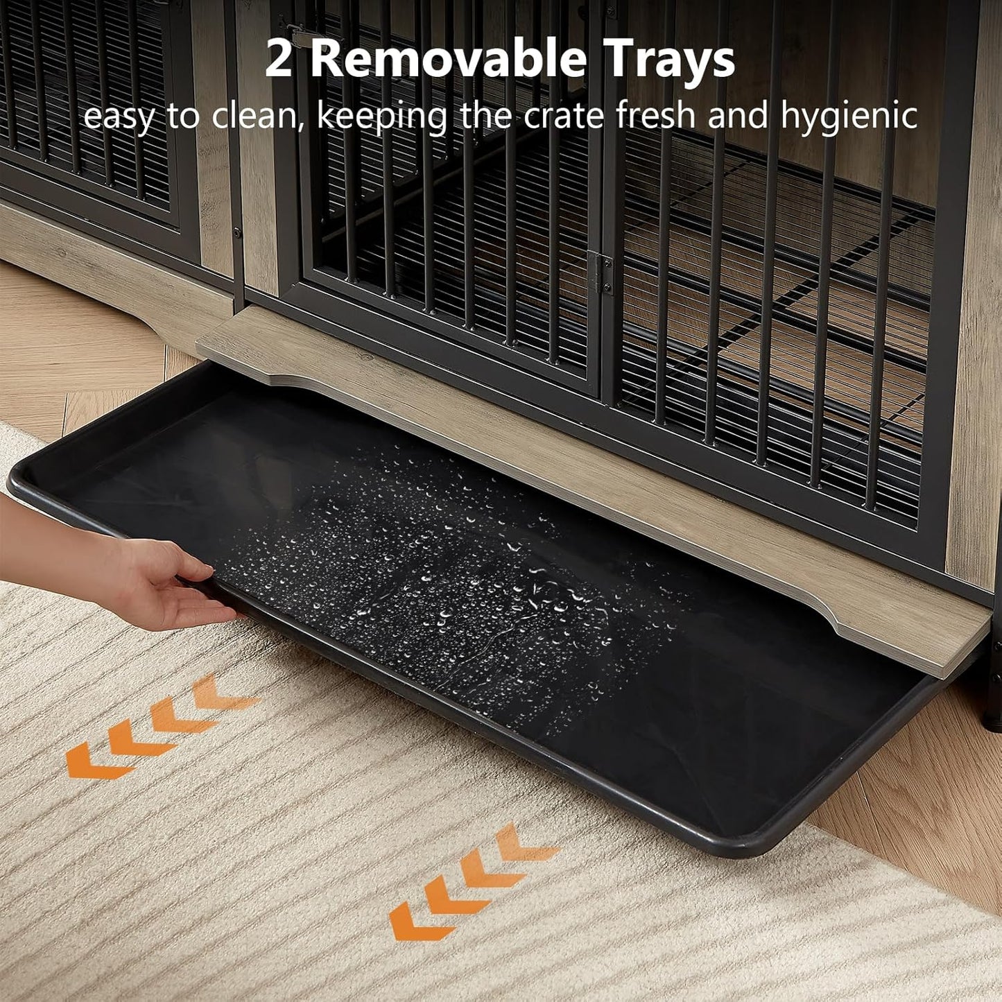 86 Inch Double Dog Crate Furniture, Dog Cage Furniture with Removable Divider & Trays, Large Wooden Dog Crates for 2 Dogs Indoor with Three Doors, Rustic Brown