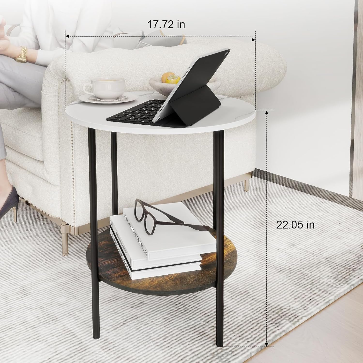 End Tables Living Room - Sturdy Sidetable with Metal Frame, Modern Small Sofa & Bedside Table,Multi-Functional round Coffee Table for Bedroom, Balcony, Sofa, Gym,Office