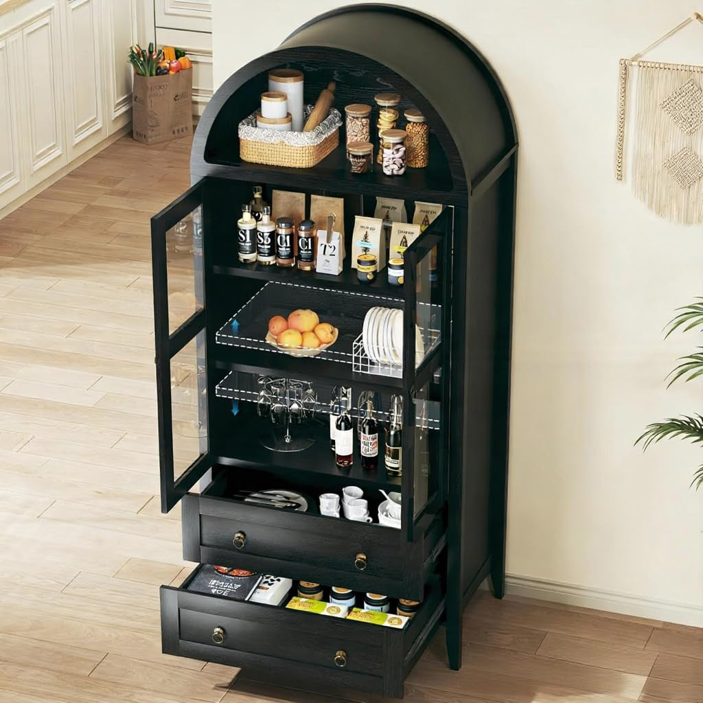71" Tall Arched Kitchen Pantry, Arched Cabinet, Kitchen Storage Cabinets with 2 Large Drawers & Adjustable Shelves & Glass Door for Living Room, Dining Room, Black