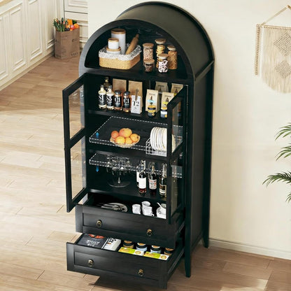 71" Tall Arched Kitchen Pantry, Arched Cabinet, Kitchen Storage Cabinets with 2 Large Drawers & Adjustable Shelves & Glass Door for Living Room, Dining Room, Black