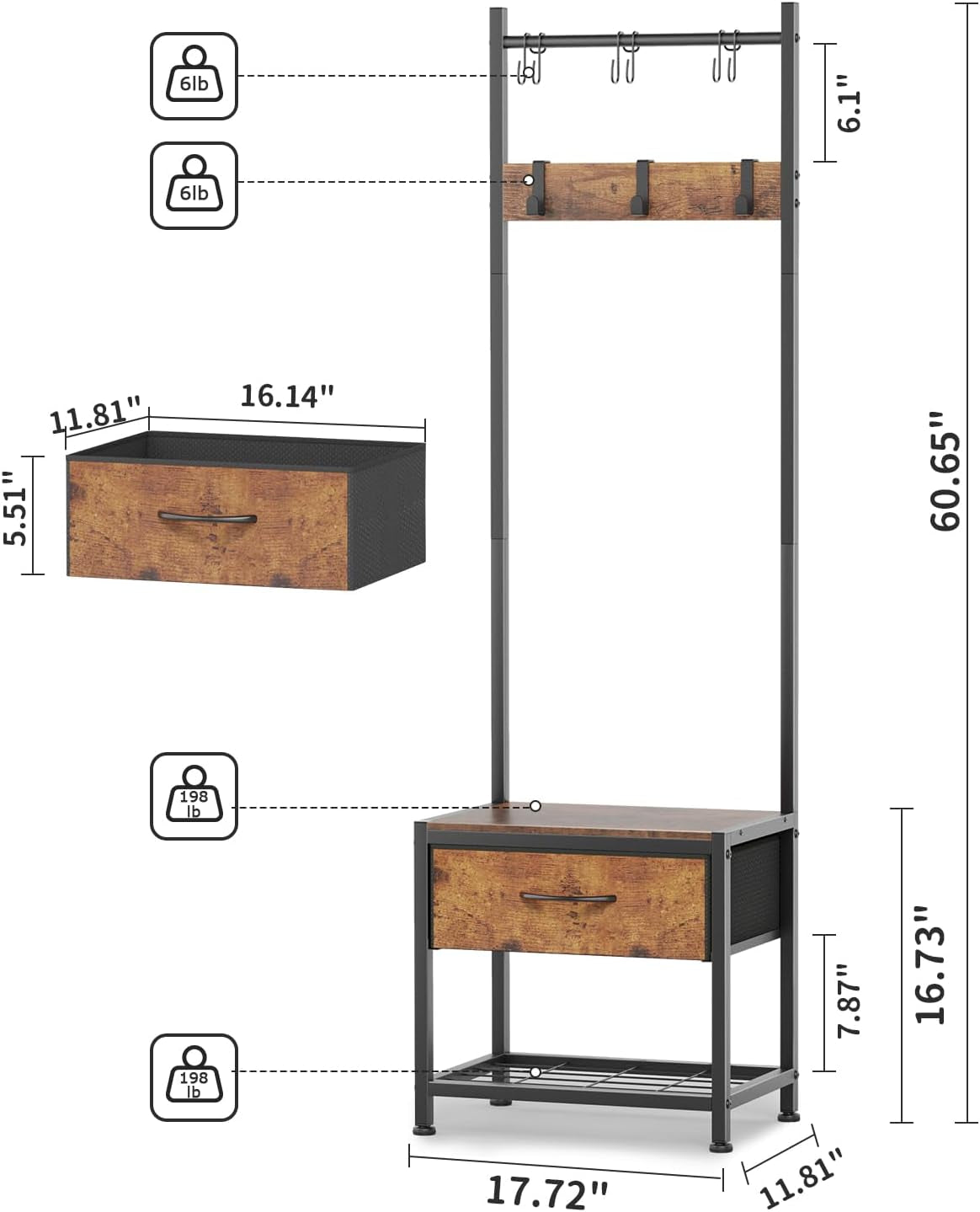 Narrow Coat Rack Shoe Bench, Hall Tree for Small Place with Drawer Storage, Shoe Bench with Cubby Storage, Wood Look Accent Furniture with Metal Frame, 3-In-1 Design (Rustic Brown)