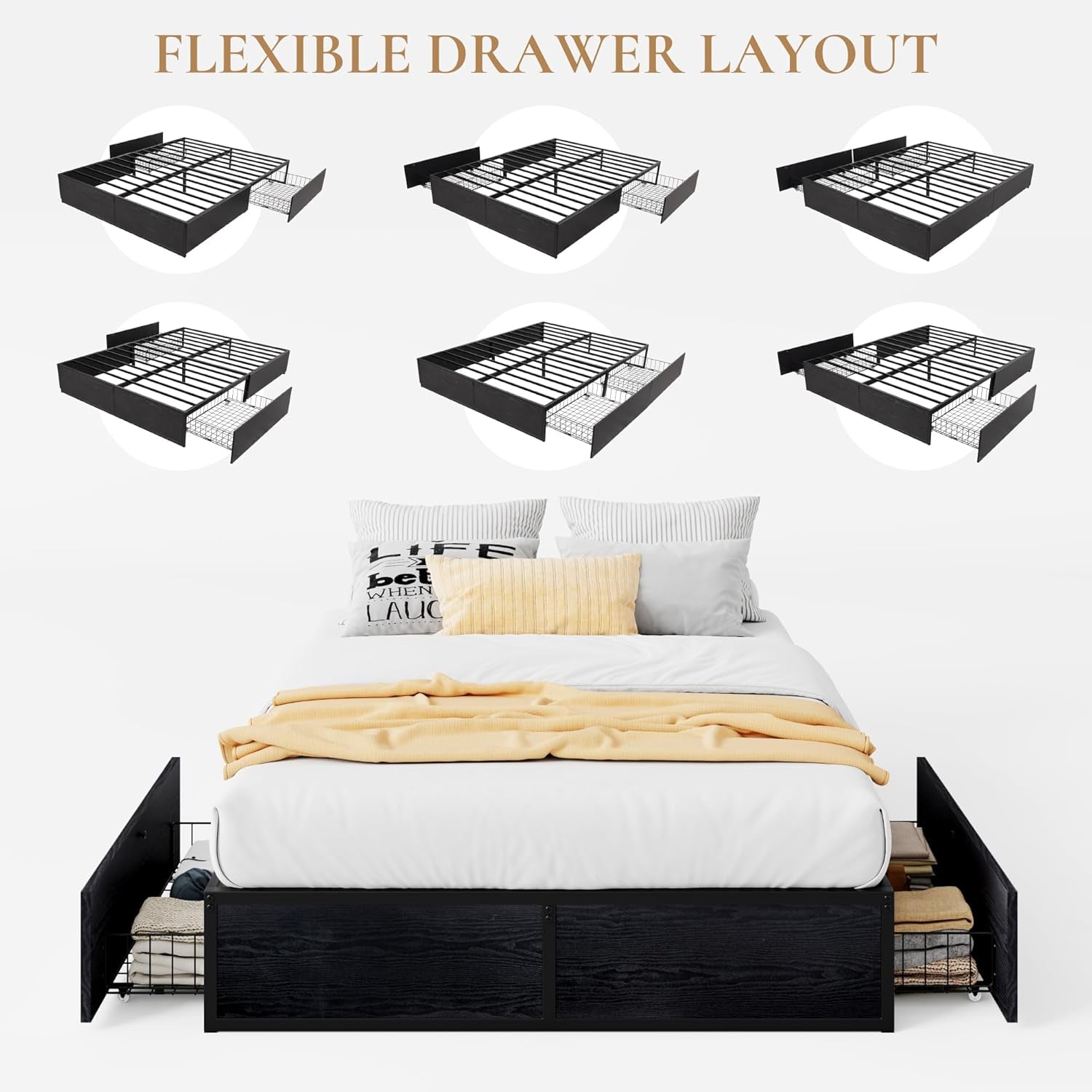 Queen Platform Bed Frame with 2 Large Storage Drawers, Rustic Wood and Metal, Noise-Free, Easy Assembly, No Box Spring Needed, Black