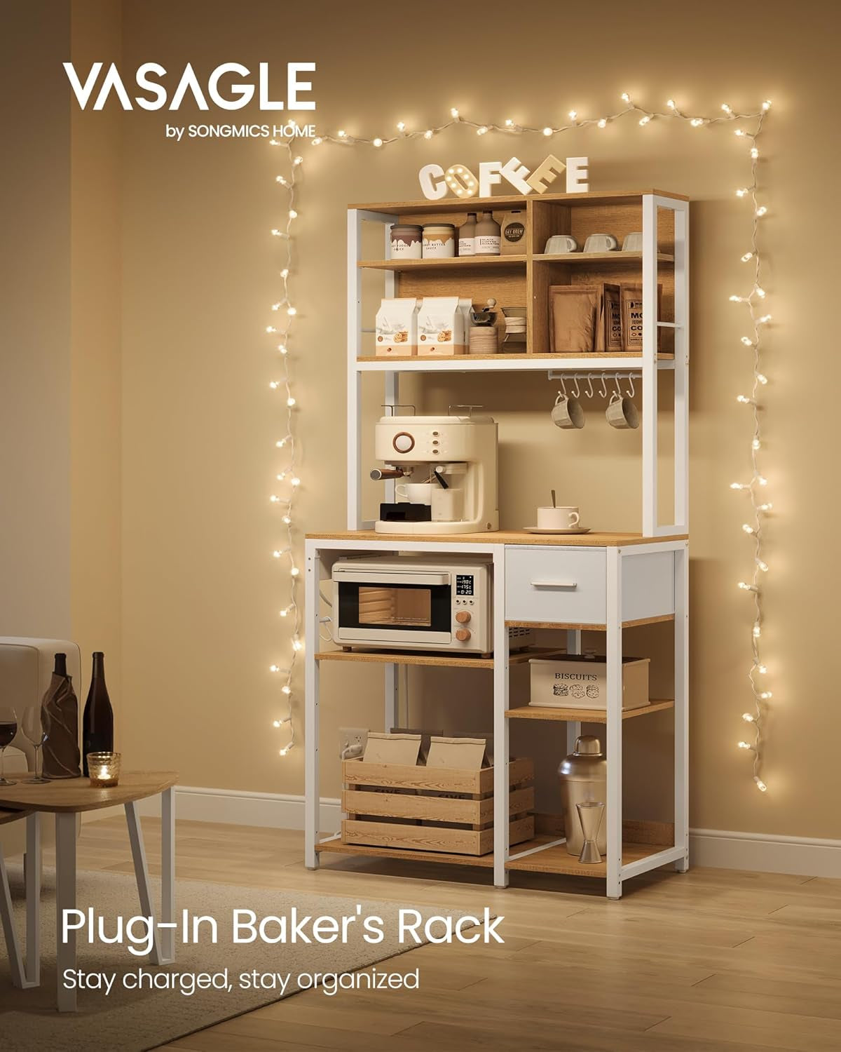 Bakers Rack with Charging Station, Coffee Bar with Adjustable Storage Shelves, Fabric Drawer, 12 Hooks, 15.7 X 31.5 X 71 Inches, Kitchen Microwave Stand, Golden Oak and Cloud White UKKS015Y03