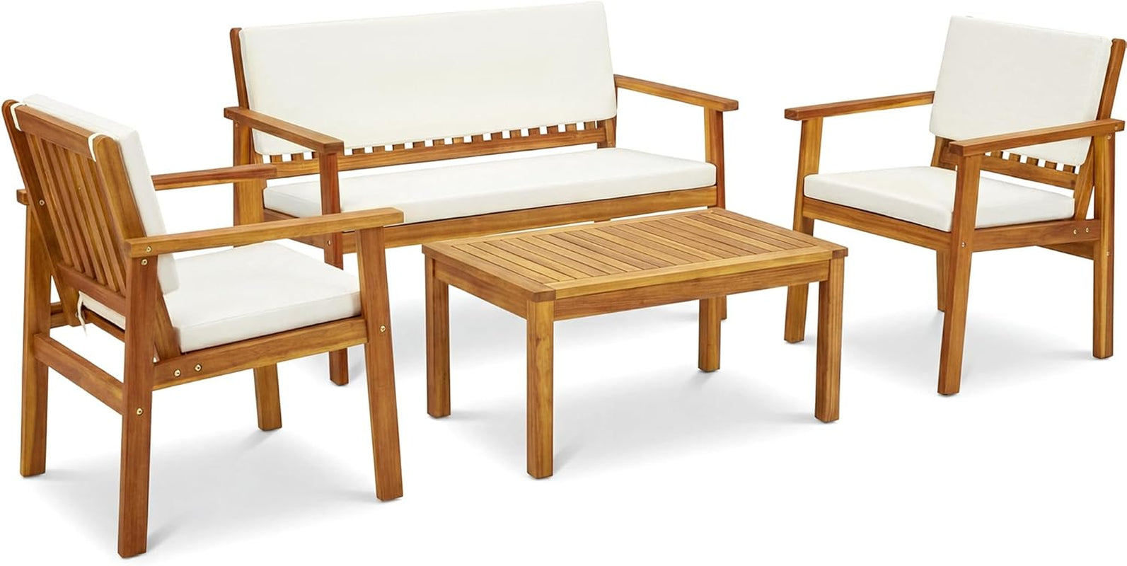 Patio Furniture 4 Piece Acacia Wood Outdoor Conversation Sofa Set with Table & Cushions Porch Chairs for Garden, Deck, Backyard, Natural