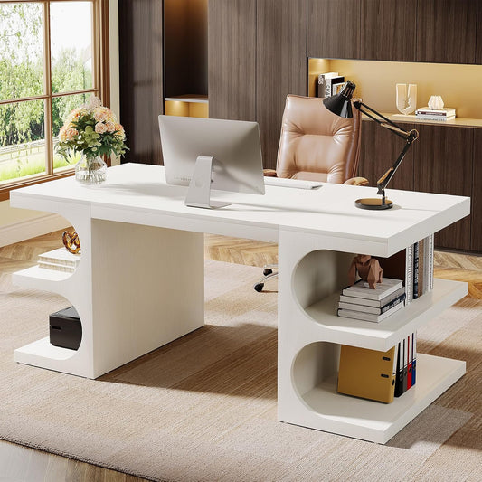 Modern Executive Office Desk, 63-Inch Large Computer Home Office Desk with Storage Shelves, Wood Study Writing Table, Workstation Business Furniture, White