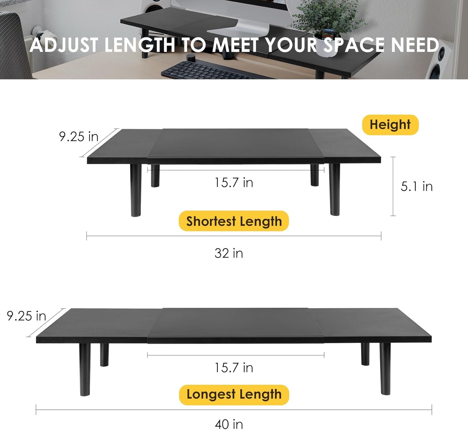 Dual-Monitor-Stand-Riser-For-Desk Adjustable Length 32-40 Inch，Large Desktop Computer Monitor Riser for 2 Screens，Desk Shelf Organizer Riser Stand for Computer/Laptop/Pc/Printer/Tv Black