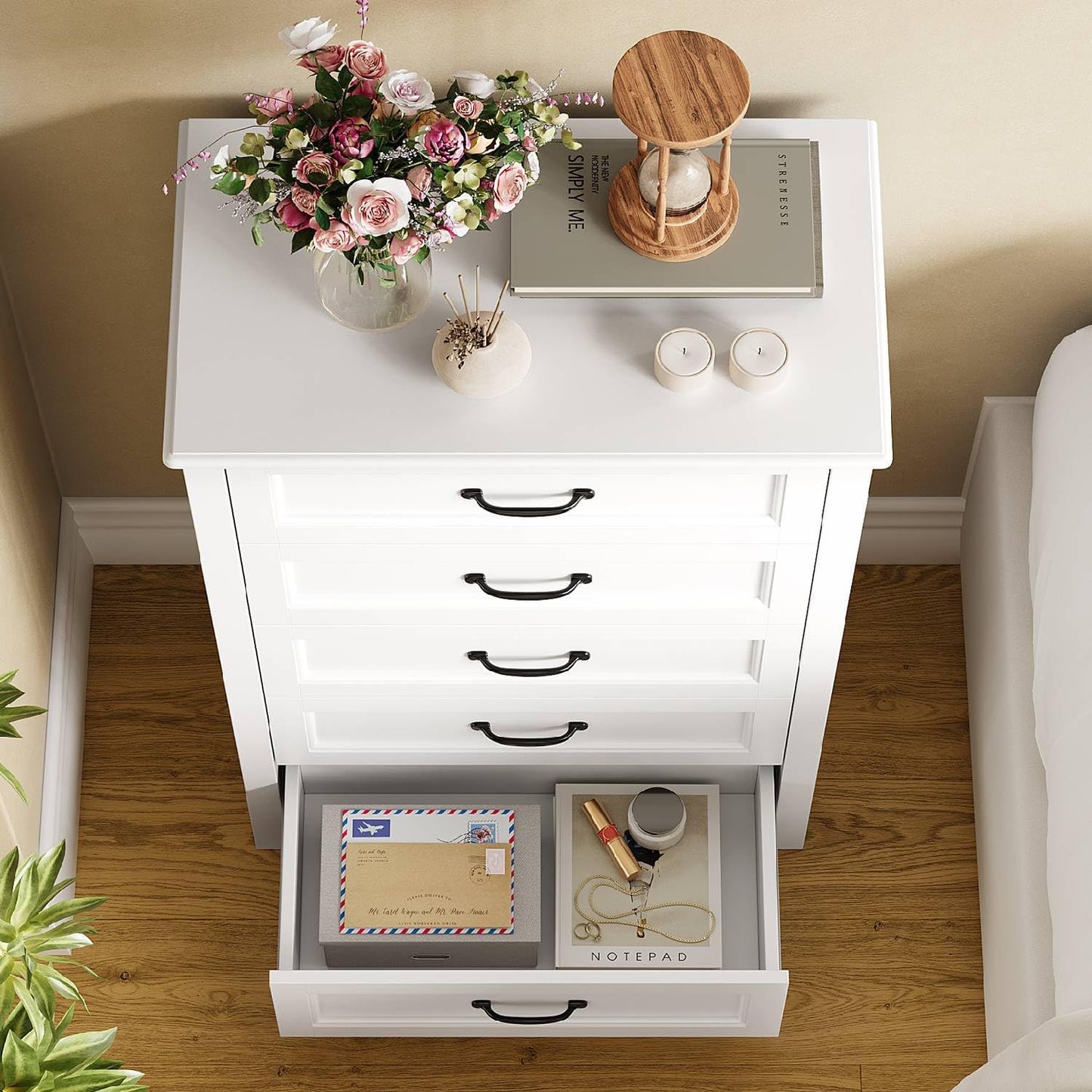 5 Drawer Dresser, White Wood Chest of Drawers for Bedroom, 43.3" Large Capacity Storage Cabinet with Anti-Tip Device, for Clothes, Living Room, Hallway, Office