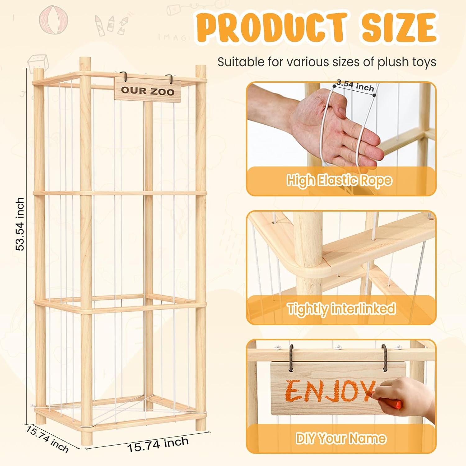 Stuffed Animal Storage & Organizer, Wooden Cute Zoo Toy Holder for Toddler Rooms, Playrooms & Bedrooms