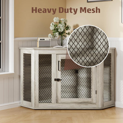 52 Inch Corner Dog Crate Furniture,Wooden Dog Kennel Furniture with Mesh,Decorative Wood Dog House for Small/Medium/Large Dog,Perfect for Indoor Limited Room
