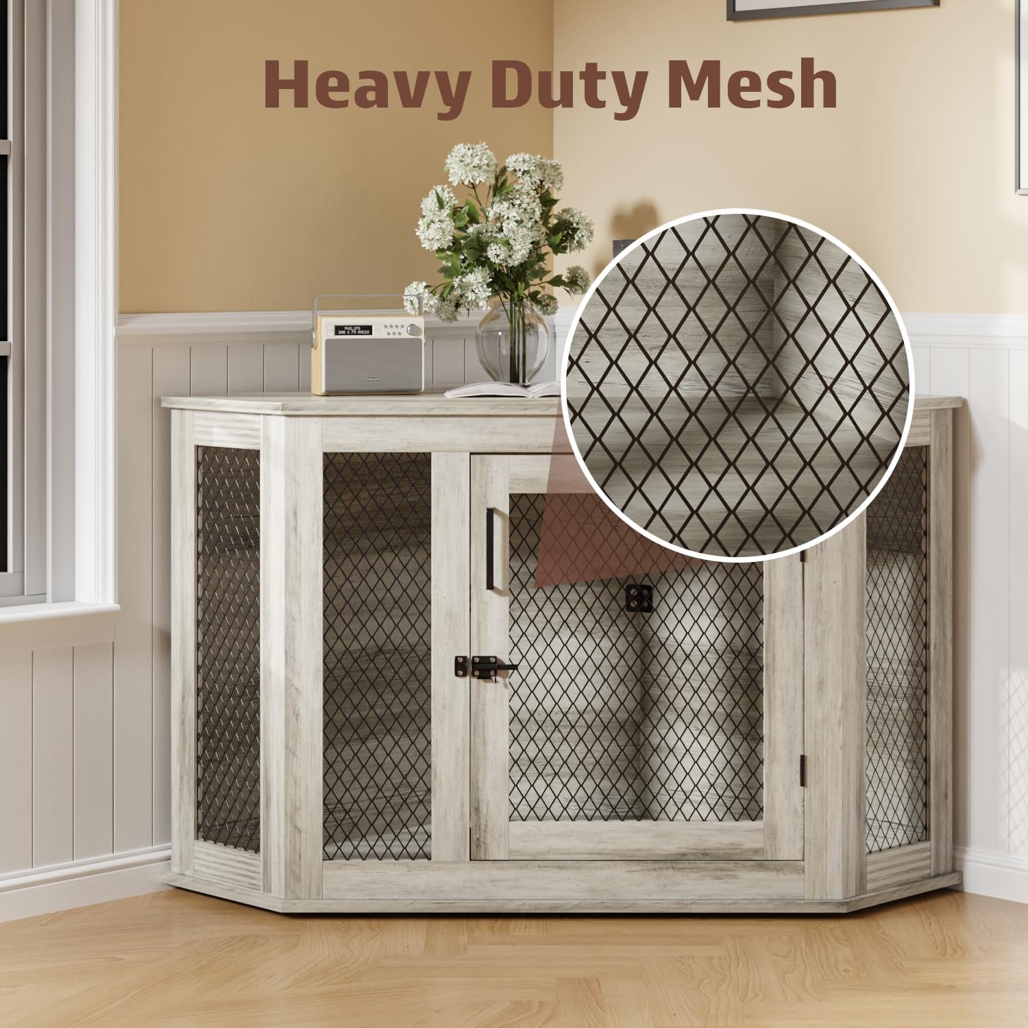 52Inch Corner Dog Crate Furniture,Wooden Dog Kennel Furniture with Mesh,Decorative Wood Dog House for Indoor Use,For Small/Medium/Large Dog,Perfect for Limited Room