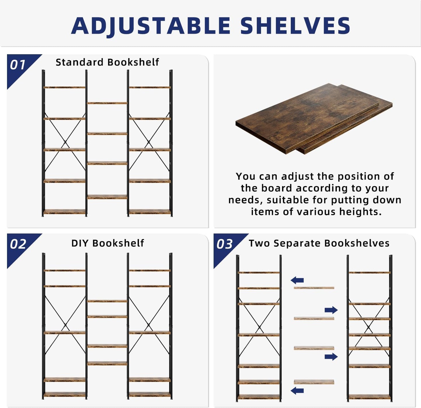 Triple Column 5 Tier Bookshelf, Bookcase with 14 Open Display Shelves, Adjustable Rustic Industrial Style Book Shelves, Modern Bookshelves for Bedroom, Living Room and Home Office, Vintage